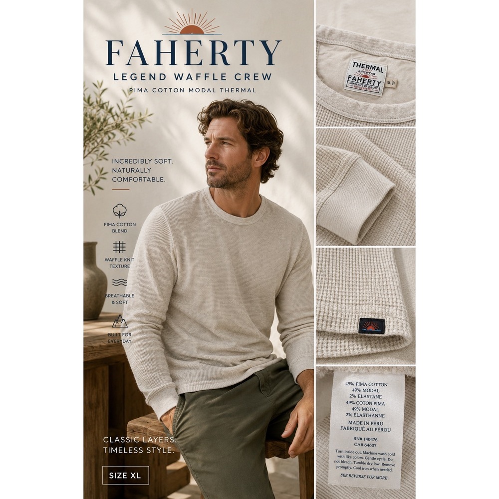 Faherty Legend Waffle Crew Thermal Shirt XL Pima Cotton Modal Cream